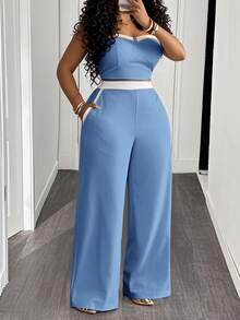 Slaydiva Bộ đồ đôi mùa hè dành cho nữ cỡ lớn, gồm áo quây croptop phối màu sau lưng và quần ống rộng có túi xéo, màu xanh dương nhạt, màu xanh nhạt, bộ đồ đôi màu xanh dương thanh lịch. - Màu xanh lam - Xem 1