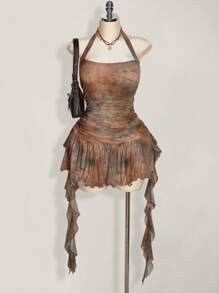 SHEIN ICON 加大码方领露背腰褶饰荷叶边下摆扎染连衣裙，夏季度假，波西米亚风，女士夏装