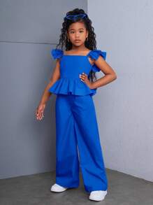 SHEIN Leap Crew 青少年女孩优雅平纹编织盖袖衬衫和裤子套装，休闲日常穿着 - 寶藍色 - 查看 5