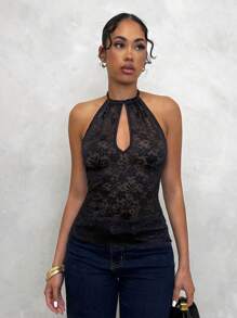 Allurite Top style licou élégant à col ajouré en couleur unie avec patchs en dentelle noire pour l'été - Noir - Voir 9