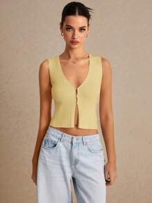 Poéselle Women's Summer Frenchies Casual Solid Color Sleeveless Knit Top Sweater Vest - Mustard Yellow - View 7