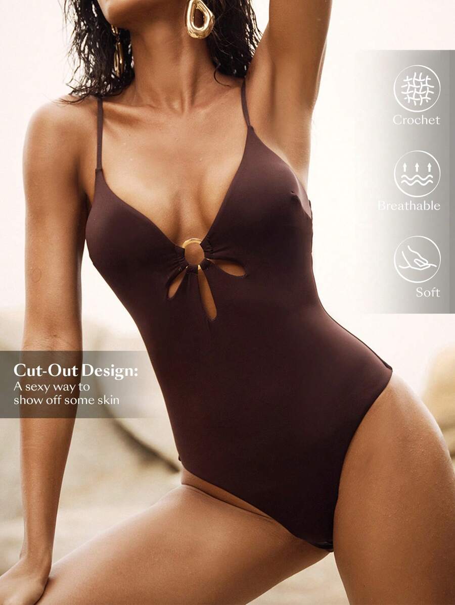 Anewsta Damen ärmelloses Badeanzug aus Unifarbenem Material mit Cut Out Metallring-Dekor für den Sommer