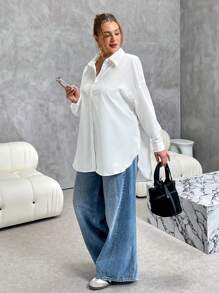 SHEIN Essnce Camisa básica de manga larga con botones, blusa suelta y casual para mujer de talla grande, estilo "old money", para trabajo, otoño, con abertura lateral alta, camisa blanca básica de manga larga, para homecoming, atuendos de aeropuerto