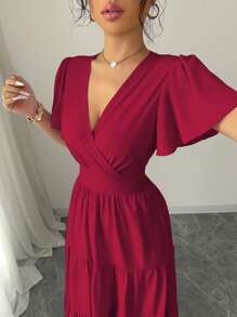 Elenzga Spring/Summer 2025 New Elegant French Style Waist Cinching Slim Fit Purple Short Sleeve Dress - Burgundy - View 3