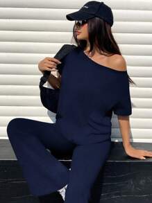 Muchica Solid Off Shoulder Top And Bell Bottom Pants Set - Navy Blue - View 7