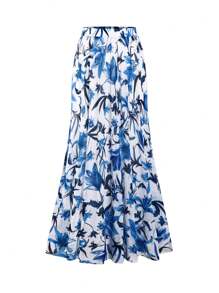 Swim Oasis Plus Size Women 2 Pieces High-End "Oasis" Set: V-Neck One-Piece Swimsuit With Blue & White Floral Print, Paired With Matching Floral Print Maxi Skirt, Suitable For Summer Beach Vacation