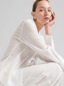 Ontre 2025 新音乐节、音乐会、乡村音乐节女装时尚、优雅女式衬衫、白色系带设计、长袖、天丝亚麻粘胶材质、半透明、春夏 - 白色 - 查看 7