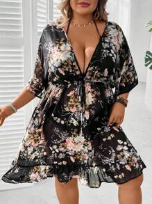SHEIN CURVE+ Plus Floral Print Tie Front Ruffle Hem Cover Up Without Bikini Set Summer Beach Outfits For Woman/Beach Dress/Beach Vacation Outfits/Beach Essentials / Graduation/Tea Party Dress Summer/Country/Beach Vacation Outfits/Beach Outfits/Beach Wear/Women Summer Clothes Curve Summer Dress Plus Size Summer Dresses Curve Summer Outfits Plus Size Floral Dress Summer Dress For Curves, Country Concert Outfit - Multicolor - View 7