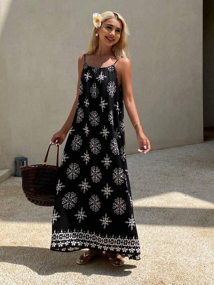 Women Spaghetti Strap Sleeveless Floral Print Casual Mid-Length Dress, Summer Vacation Cruise Outfit For Women Boho