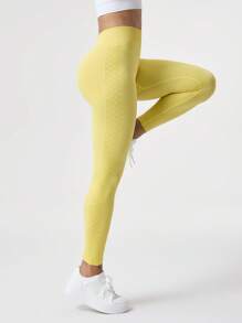 SHEIN Sports 1 件套吸湿排汗快干面料常规版型瑜伽/运动裤，芥末黄基本款 - 黃色 - 查看 5