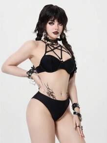 ROMWE Goth Five-Pointed Star Strappy Push-Up Padded Bikini Set, Halloween - Black - View 3