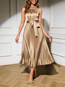 SHEIN Clasi 女士纯色圆领无袖中长连衣裙 - 杏色 - 查看 3