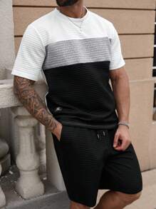 Manfinity Homme 2 sztuki/zestaw Plus Size Męski Kontrastowy Kolor Okrągły Dekolt Krótki Rękaw T-shirt I Szorty Swobodny Garnitur, Lato - Czarne i Białe - Zobacz 7