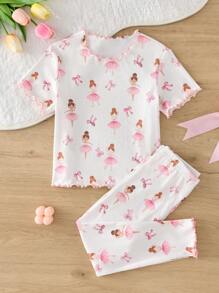 SHEIN LMoss Kids 2 件套年轻女孩可爱卡通图案荷叶边圆领短袖和裤子针织舒适家居服套装