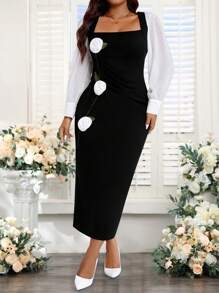 SHEIN Tall Plus Size Elegant Contrast Color Block 3D Floral Decor Dress - Black - View 3
