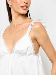 AiiRZ 蕾丝边高腰吊带上衣和短裤睡衣套装荷叶边肩部睡衣休闲夏季系列睡衣放松 - 白色 - 查看 3