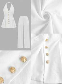 SHEIN LUNE 女士 2 件春夏套装：露背吊带上衣和高腰裤，白色，修身，优雅淑女风格，商务休闲女装，女士办公室服装，全白女装，2 件套夏季 - 白色 - 查看 5