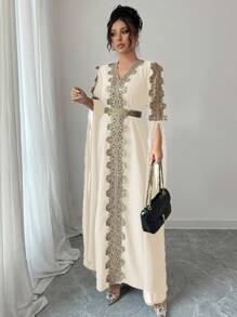 Rafferiza 中东风格女式拼布超长袖阿巴雅长袍，纯色蕾丝下摆长袍 - 杏色 - 查看 5