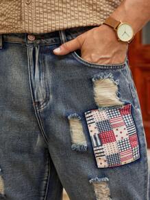 Manfinity VCAY Men's Casual Distressed Applique Decoration Denim Shorts, Fashionable - Blue - View 5