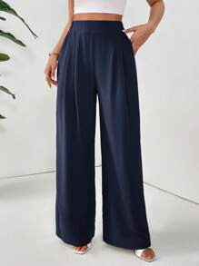 SHEIN Frenchy Women's Basic Solid Color Pleated Pocket Casual Loose Pants,Cargo Pants Winter Blue Spring - Navy Blue - View 5
