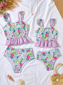 Young Girls Tropical Flower Fashion Vacation Cute Frill Trim Bikini Sets - Multicolor - View 4