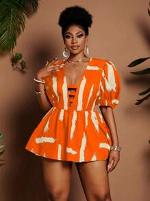 Maweii Blusa elegante con estampado floral, cuello en V y mangas abullonadas para mujer de talla grande - Naranja - Ver 3