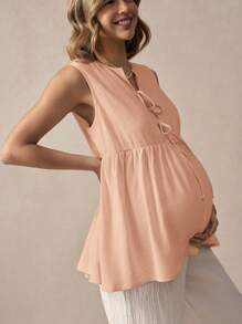 SHEIN Maternity Solid Color Ruffle Hem Tie Front Casual Sleeveless Shirt For Vacation
