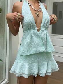 SHEIN EZwear Aqua Green Women Sequin Flower Embroidery Halterneck Plunge Tie Front Sleeveless With Low Waist Ruffles Hem Mini Skirt Set,To Spring Summer Vacation Cute Elegant,Concert - Green - View 6