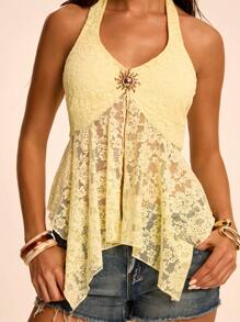 SHEIN BAE 女士沙滩度假波西米亚蕾丝露背吊带上衣/度假/夏季/奶油黄/露脐上衣/沙滩 - 黃色 - 查看 7