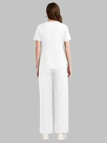 TaskEZ Contrast Color Short Sleeve Top And Long Pants Scrub Uniform Set,Summer,Rennaissance,Workwear,Nurse Workout Clothes Women Scrub Sets - White - View 2