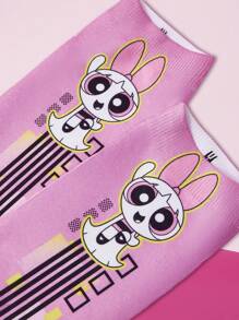 THE POWERPUFF GIRLS X SHEIN 1双时尚可爱的花朵图案粉色踝袜 - 彩色 - 查看 2