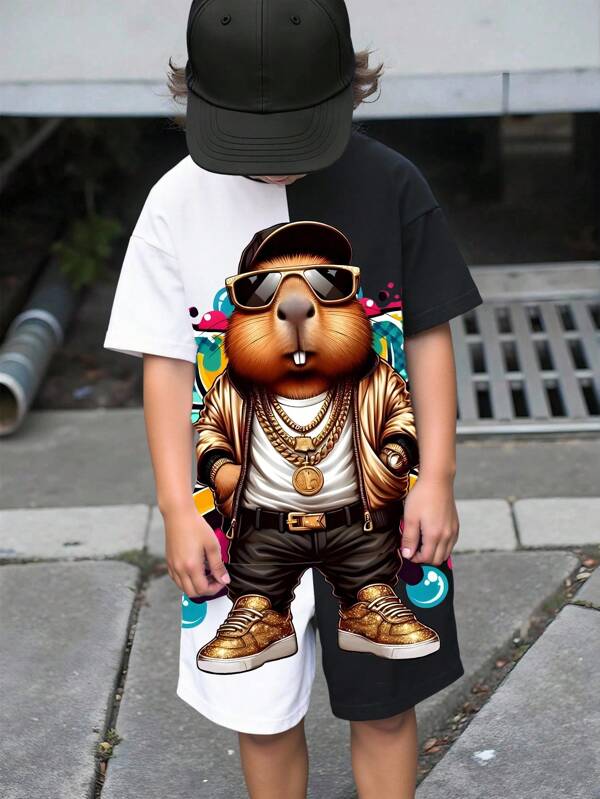 GraphicGems Conjunto casual de camiseta de manga corta y pantalones cortos para adolescentes varones, con cadena dorada creativa y estampado PABA, conjunto de ropa a conjunto/a juego (se venden por separado los 2 sets de piezas)