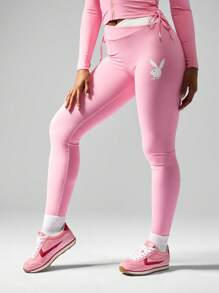 Missguided x Playboy Athletic Performance High Rise Leggings Compression Workout Pants Moisture Wicking Running Yoga Fitness Training Activewear Gym Sportswear - Pink - View 1