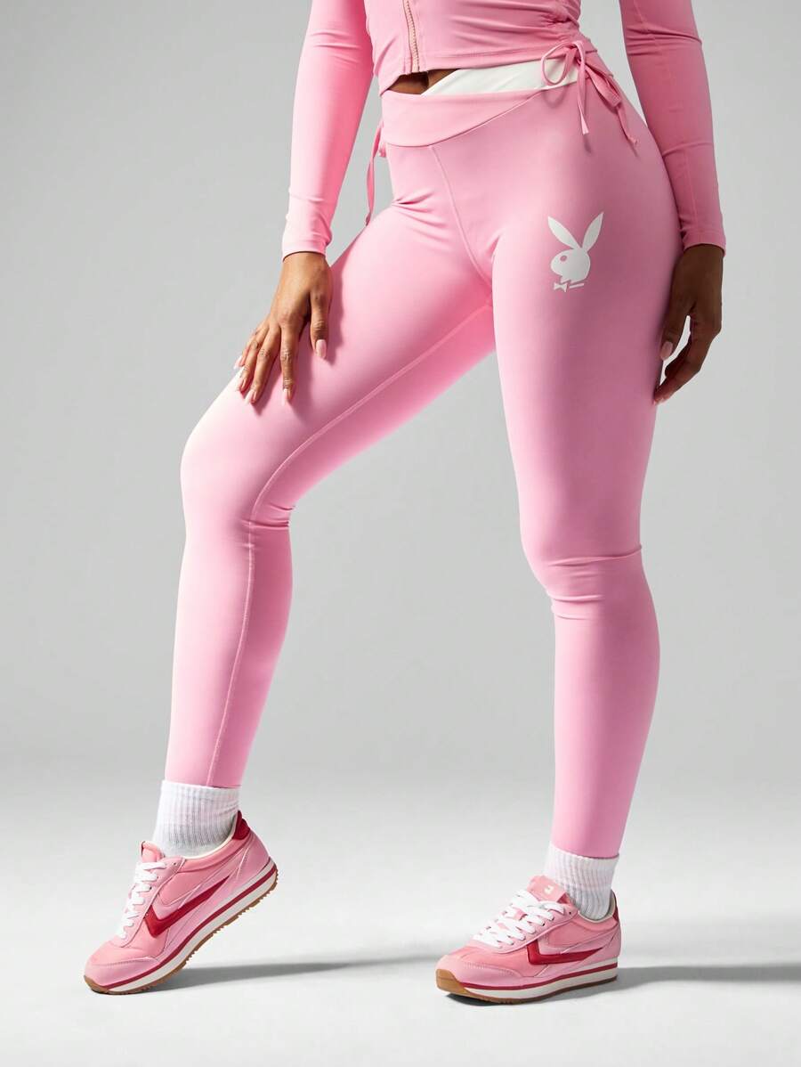 Missguided x Playboy Athletic Performance High Rise Leggings Compression Workout Pants Moisture Wicking Running Yoga Fitness Training Activewear Gym Sportswear - Pink - View 1