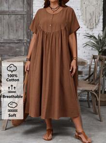 EMERY ROSE 大码休闲纯色蝙蝠袖连衣裙 - 棕色 - 查看 3