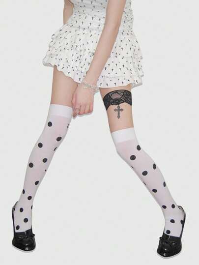 Kawaii 1pc Fashionable Polka Dot Sheer White Summer Stockings, Women Leg Shaping Tights/Pantyhose/Leggings