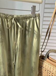 Elamini Women's Satin Tie-Dye Print Drawstring Waist Loose Leg Pants Fall Cloth For Women - Green - View 6