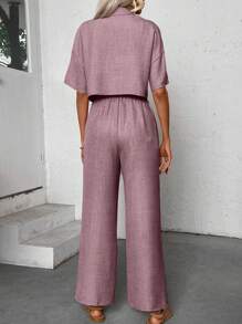 SHEIN PETITE 女士夏季纯色翻领短袖衬衫和裤子休闲套装（2件套） - 淺灰紫 - 查看 2