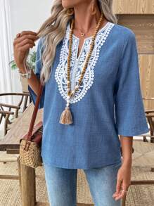 EMERY ROSE Áo chui đầu cổ khoét ren cho kỳ nghỉ thường ngày - Màu xanh lam - Xem 4