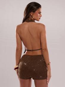 SHEIN BAE 女式垂坠领亮片针织无袖连体裤，优雅连体裤，棕色连体裤，派对连体裤 - 棕色 - 查看 2