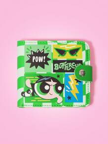 THE POWERPUFF GIRLS X SHEIN Green Cartoon Wavy Plaid Lightning Print Cute Wallet