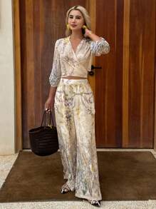 两件套女士印花V领系带长袖上衣和阔腿裤复活节 - 杏色 - 查看 4