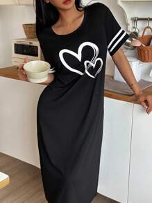 SHEIN 简约休闲女士心形印花睡袍，Moo Moo - 黑色 - 查看 4