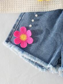SHEIN Vintaside Kids Set da 2 pezzi di maglietta grafica rotonda casual e carina con maniche raglan e pantaloncini in denim con cintura elastica, frange e decorazioni floreali con perle per ragazze