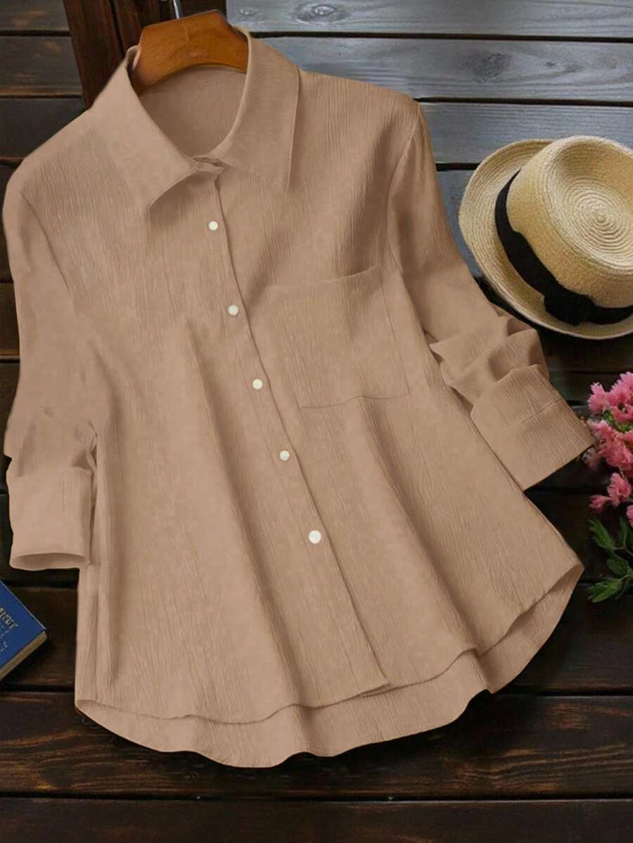 INAWLY Chemise à col boutonné avec poche, de couleur unie et texturée, pour femmes, pour l'automne