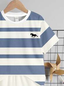 SHEIN 2pcs/Set Casual Pony Icon, Streaks Print Crew Neck Short Sleeve T-Shirt And Shorts Set For Boys, Summer