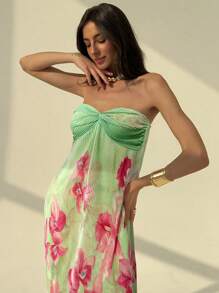 Aloruh 浪漫约会露肩扭褶花卉印花连衣裙，春夏季女士 - 彩色 - 查看 5