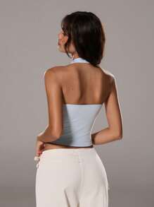 TRNVIE Women's Elegant High Street Neck Hanging Ring Decorated Light Blue Top, Spring/Summer - Baby Blue - View 2