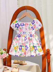 Baby Girl White Floral Ruffle Dress,Square Neckline & Puff Sleeves,Sweet Boho Summer Holiday Vacation Countryside Style For Spring Casual Picnics - Multicolor - View 2