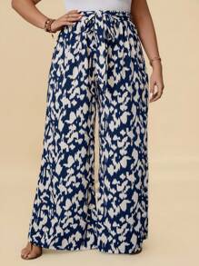 Travachic Plus Allover Print Belted Wide Leg Summer Pants - Navy Blue - View 4